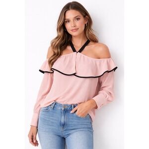 LOFT NWT Blush Pink Off Shoulder Ruffle Blouse Strappy Neck Black Trim Top